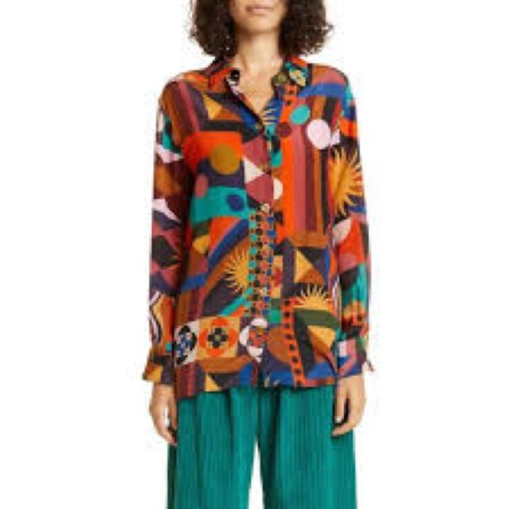 🌈 Farm Rio Multicolor Abstract Print Button-Down Blouse – Size L - Picture 3 of 16